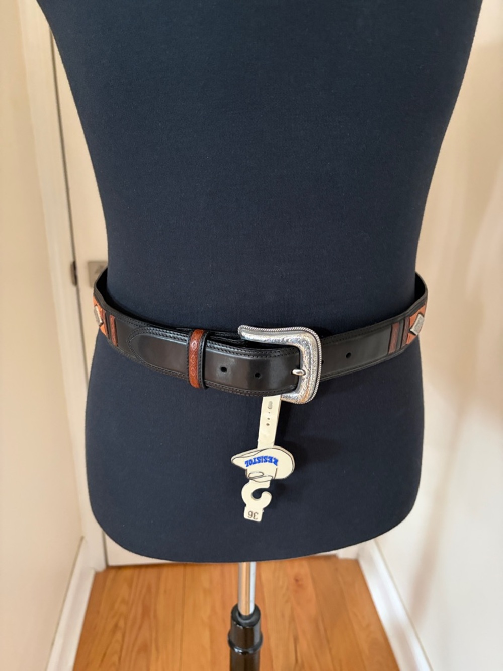 Resistol Black Leather Men's Belt with Brown Trim and snap on Silver Buckle